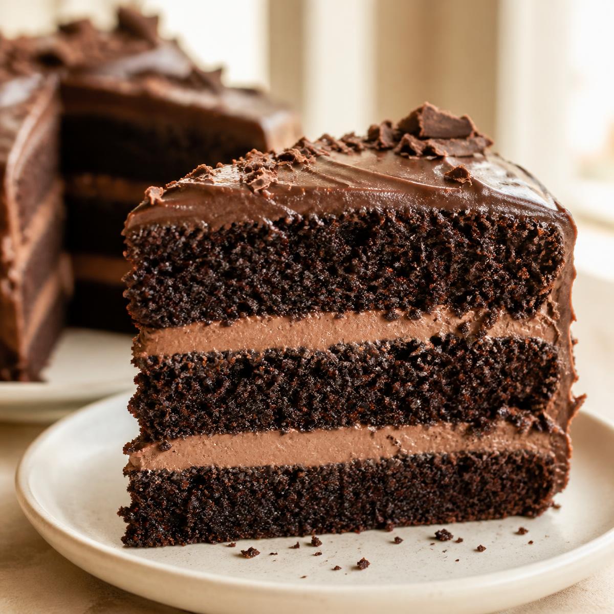 Cross-section of a three-layer chocolate fudge cake on a cream plate