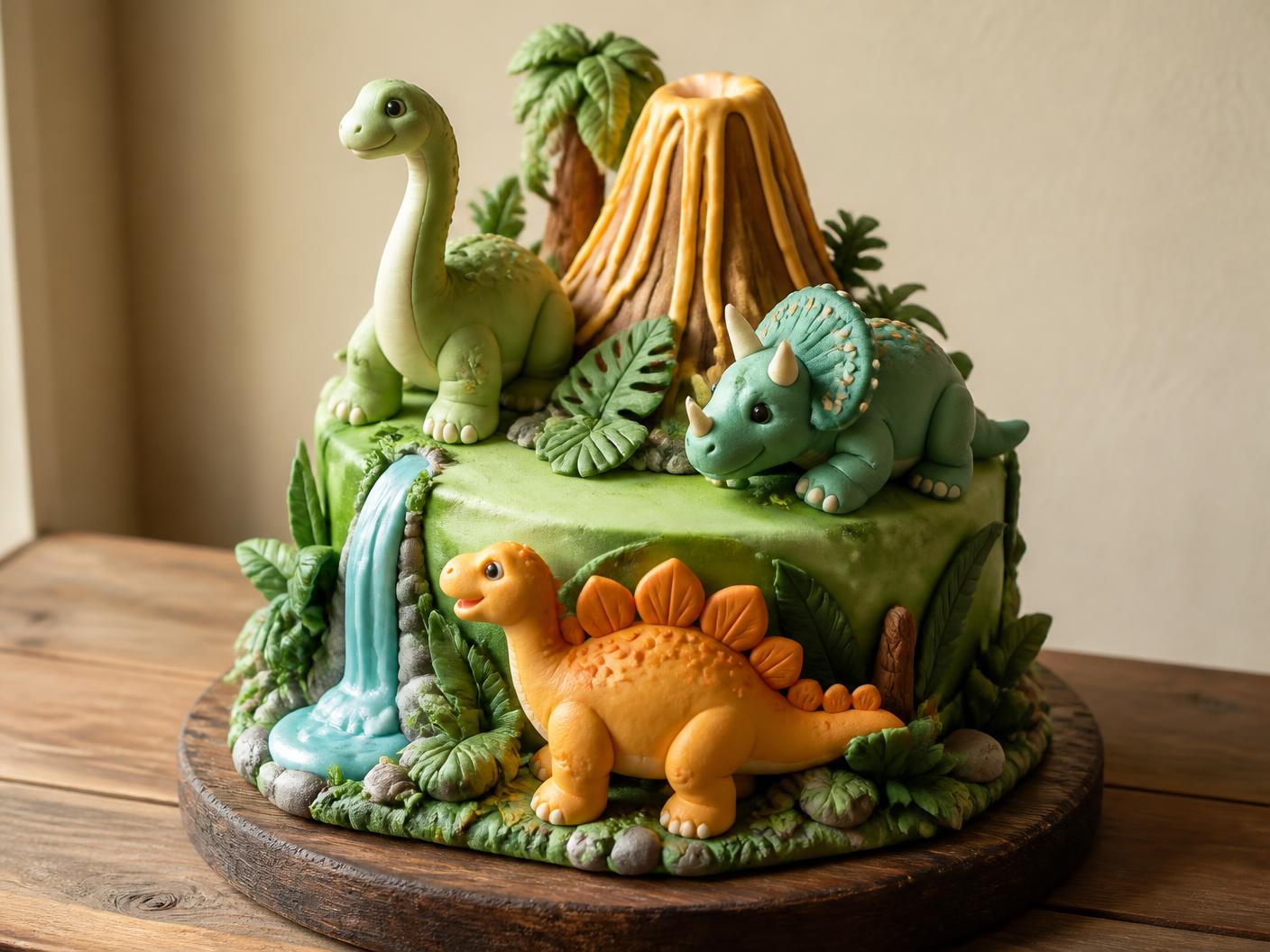 Sculpted dinosaur jungle birthday cake with hand-modelled fondant figures
