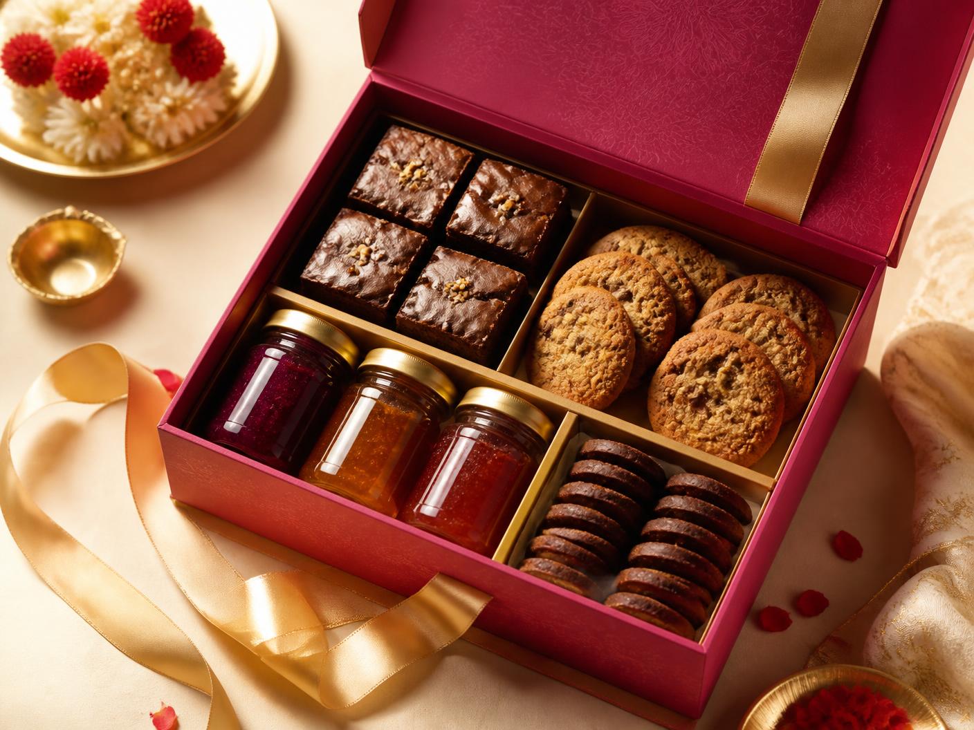 Open festive gifting hamper with brownies, cookies and preserve jars in a raspberry and gold box