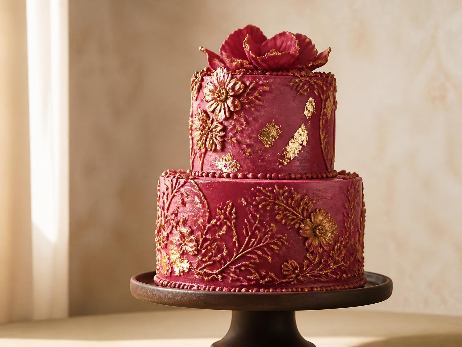 Two-tier deep raspberry buttercream cake with hand-piped gold floral detail